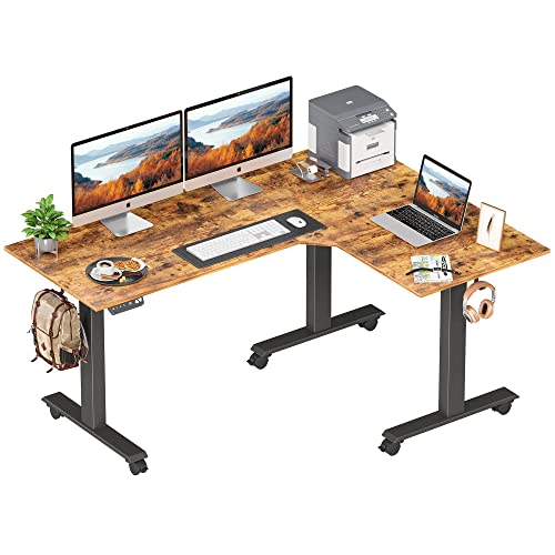 FEZIBO Triple Motor 63" L Shaped Standing Desk, Electric Standing Gaming Desk Adjustable Height, Corner Stand up Desk with Splice Board, Black Frame/Rustic Brown Top - WoodArtSupply