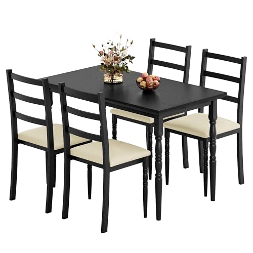 YITAHOME 5-Piece Dining Table Set for 4, Farmhouse Dining Room Table with Chairs Faux Leather Upholstered, Rectangular Kitchen Dinner Table Set for Small Spaces & Apartment, Black YITAHOME