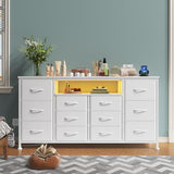 WODRAWER TV Stand Dresser for Bedroom with 12 Drawers for 60" TV, Fabric Drawers Entertainment Center with Power Outlets & LED Lights & Open Shelves, Long Dresser for Console, Living Room WODRAWER