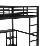 Queen Size Loft Bed with Built-in Wardrobe, Metal Loft Bed Frame with Desk and Storage Shelves, Black Bellemave