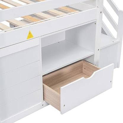 Low Loft Bed with Stairs and Storage, Twin Size Wooden Frame for Kids - White