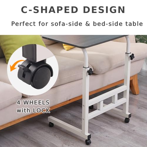 Japard Small Desk on Wheels, Mobile TV Tray Table Rolling Desk for Bed Sofa, Adjustable Height 23.6" Wide C-Shape Loadable 66lbs (White, 66 lbs Loadable) Japard