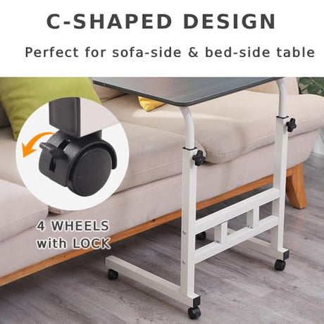 Japard Small Desk on Wheels, Mobile TV Tray Table Rolling Desk for Bed Sofa, Adjustable Height 23.6" Wide C-Shape Loadable 66lbs (White, 66 lbs Loadable) Japard
