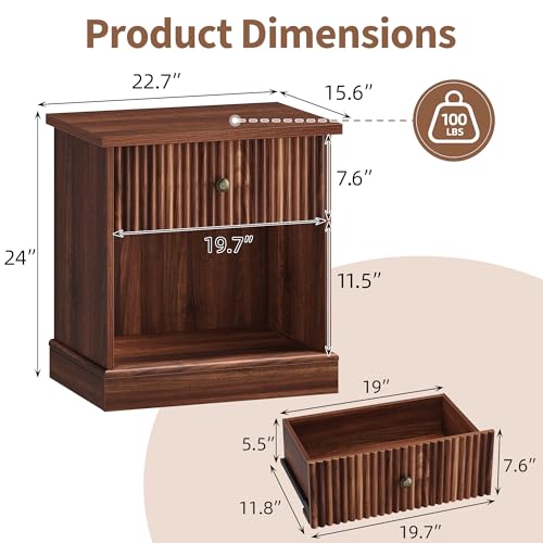 IDEALHOUSE Fluted Nightstand with Drawer, Mid Century Modern Bedside Table with Open Shelf, Brown Nightstand with Storage, Space Saving Side Table with Curved Edge Base for Living Room Bedroom IDEALHOUSE