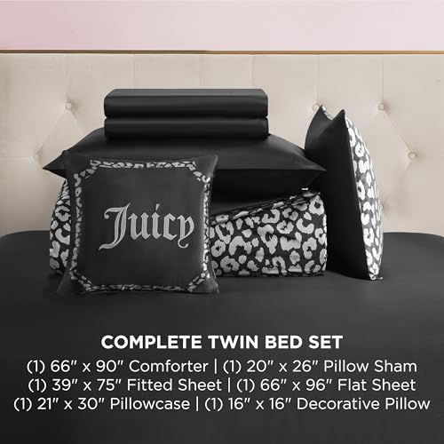 Juicy Couture Modern Black Leopard Satin Twin Comforter Set - Luxury Bed in a Bag – Soft & Stylish 6-Piece Bedding Collection Juicy Couture