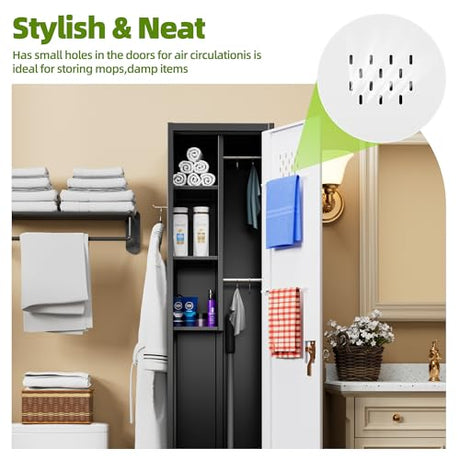 Aobabo 72" H Broom Closet Storage Cabinet, Lockable Metal Cleaning Storage Cabinet with Hooks for Home, Assembly Required Black Gray Aobabo