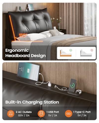 AOGLLATI Upholstered Queen Bed Frame with RemovableThick Backrest Headboard, Led Bed Frame Queen Size with 4 Storage Drawers and Charging Station, No Spring Box Needed, Black AOGLLATI