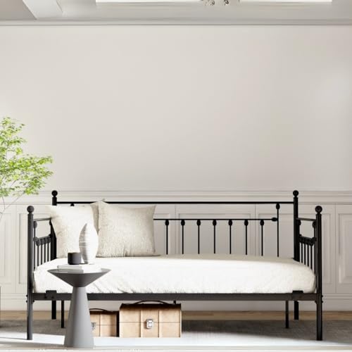 Golden Gate Beds Daybed Frame with Headboard, Without Trundle, Heavy Duty Metal Frame & Steel Slats Foundation, Upholstered Stylish Sofa Bed for Living Room, Bedroom, Guest Room - Black, Twin Size AMBEE21