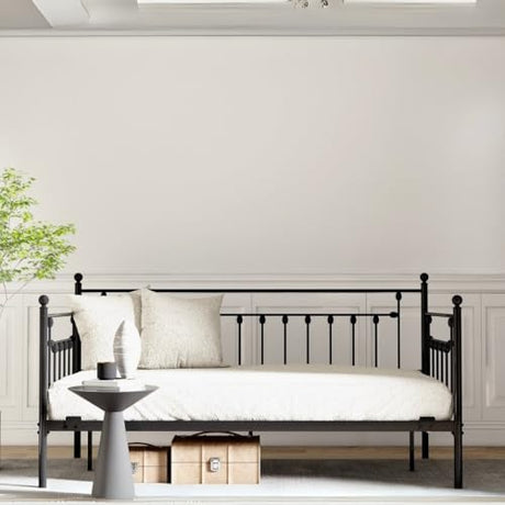 Golden Gate Beds Daybed Frame with Headboard, Without Trundle, Heavy Duty Metal Frame & Steel Slats Foundation, Upholstered Stylish Sofa Bed for Living Room, Bedroom, Guest Room - Black, Twin Size AMBEE21