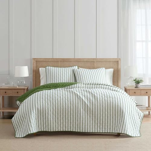Martha Stewart - Queen Quilt Set, 100% Soft & Breathable Bedding with a Lightweight Feel for Year Round Comfort, 3 Piece Bed Set with Matching Pillowcases (Ticking Stripe Green) Martha Stewart