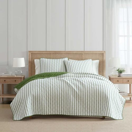 Martha Stewart - Twin Quilt Set, 100% Soft & Breathable Bedding with a Lightweight Feel for Year Round Comfort, 2 Piece Bed Set with Matching Pillowcase (Ticking Stripe Green) Martha Stewart