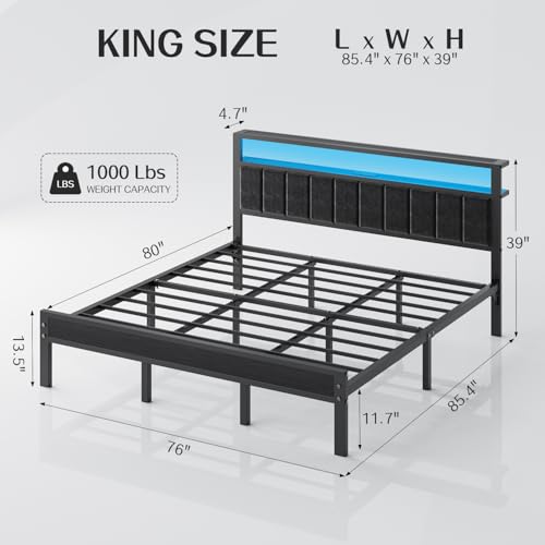 OLEVS King Bed Frame with Charging Station & LED Lights, Modern Platform Bed with Upholstered Storage Headboard, No Box Spring Needed Noise Free OLEVS