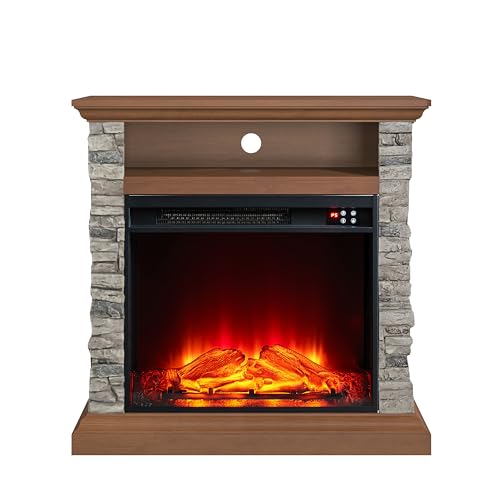 FESTIVITY 32 Inch Freestanding Mantel with 23" Electric Fireplace Insert for Living Room & Bedroom, Realistic Log and Flame Effect, Remote Control, Timer (Brown) FESTIVITY