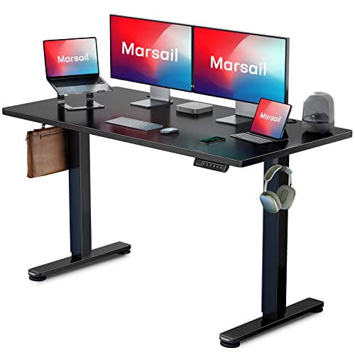 Marsail Standing Desk, Adjustable Heights,Stand Up Desk, 48x24 Inches Desktop Sit Stand Home Office Gaming Computer Desk with 4 Memory Presets, LED Light, Headphone Hook, Cable Organizer, Black Top Marsail