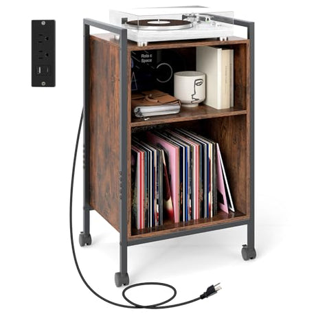 Giantex Record Player Stand with Charging Station, Mobile Turntable Stand with Record Storage & 4 Rolling Wheels, 3-Tier Vinyl Record Storage w/ Open Shelves & Dividers for Living Room, Rustic Brown Giantex