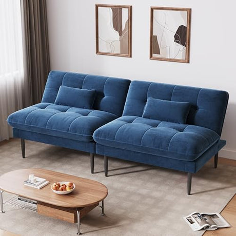 NEDYO 70 inch Convertible Futon Sofa Bed, Velvet Sleeper Sofa with Adjustable Backrest, Thick Fill and Convertible Modules, 4 in 1 Loveseat Couch for Living Room, Blue NEDYO