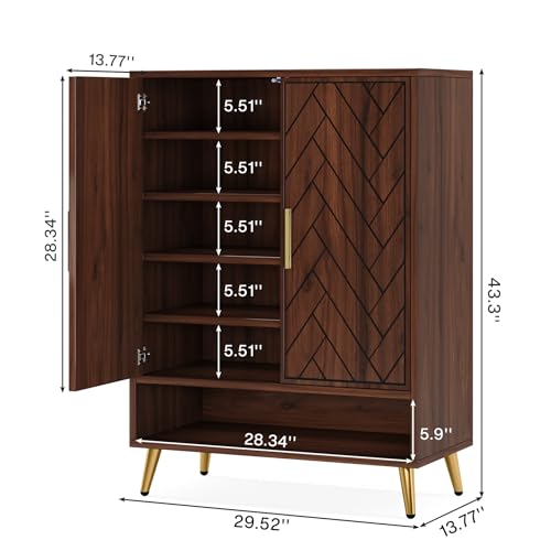 Tribesigns Shoe Cabinet with Doors, 6-Tier 18 Pairs Shoe Storage Cabinet for Entryway, Wooden Entryway Shoe Cabinet with Adjustable Shelves for Living Room, Bedroom (Walnut, Gold Legs) - WoodArtSupply