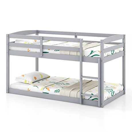 KOMFOTT Low Bunk Bed Twin Over Twin, Solid Wood Bunk Bed Frame with Built-in Ladder & Safety Guardrails, Space-Saving Low Bunk Bed for Kids, Teens, No Box Spring Needed KOMFOTT
