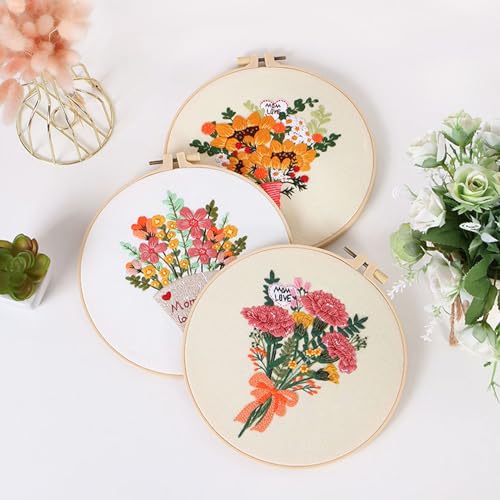 FONNUY Bouquet Flowers Embroidery Kit Love Mom for Beginners, Pre-Stamped Pattern Kits for Adults with Hoop, Easy to Follow Color Thread Needlework, 8'' Hoop (Sunflowers)