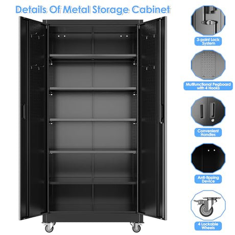 Aobabo Upgraded Garage Storage Cabinets with Wheels,Metal Storage Cabinets with 5 Adjustable Shelves for Garage Home Office Storage, Black,71''H*34''W*18''D,Assembly Required Aobabo