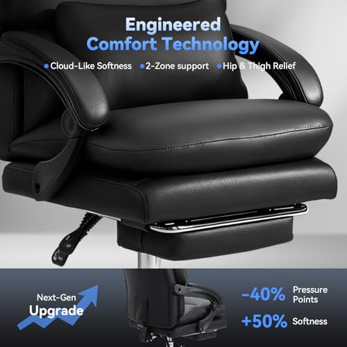 Holiwei Office Chair with Footrest, Big and Tall 400lbs Executive Desk Chair with Thickened Lumbar Support Pillow, High Back PU Leather Reclining Computer Chair, Ergonomic Swivel Task Chair, Black Holiwei
