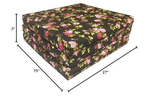 D&D Futon Furniture Trifold Foam Beds, Floor Tri-Fold Bed, Foldable Shikibuton Mattress Cushion Topper Mat for Space Saving Sleepover 3x27x75 in, Red Rose Black D&D Futon Furniture
