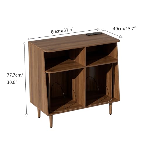 Record Player Stand with Vinyl Storage, Mid Century Modern Vinyl Storage Cabinet with Power Outlet and Sliding Doors, Turntable Stand Table Holds Up to 350 Albums for Living Room (walnut, 31.5"W) tauxkoi