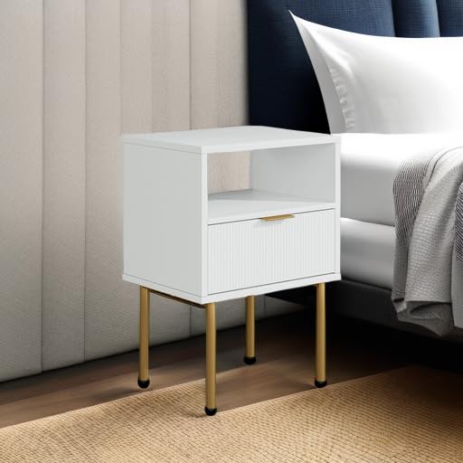 Masupu Nightstand,Mid-Century Modern Bedside Table with Storage Drawer and Open Wood Shelf,Small Gold Frame Side Table for Bedroom,Living Room,White Masupu