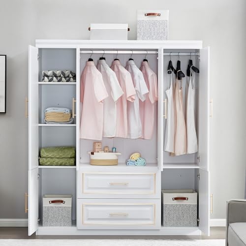 ModMakers 74" H 4 Doors 2Drawers White Bedroom Wardrobe Armoire Closet, Freestanding Bathroom Armoire Cabinet with Hanging Rod Shleves, Large Wooden Bedroom Clothes Storage Organizer