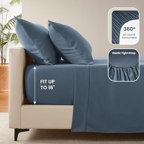 SLEEP ZONE Nanotex Super Soft Cooling Full Size Bed Sheets Set 4 Piece - Easy Care Fitted Flat Sheet & Pillowcase Sets - Wrinkle Free, Fade Resistant, Deep Pocket 16" (Flint Blue, Full) SLEEP ZONE