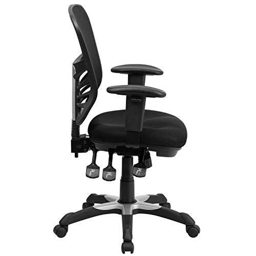 Flash Furniture Nicholas Mid-Back Swivel Desk Chair with Wheels, Mesh Back, Padded Seat, and Armrests, Adjustable Height Mesh Ergonomic Office Chair, Black Flash Furniture
