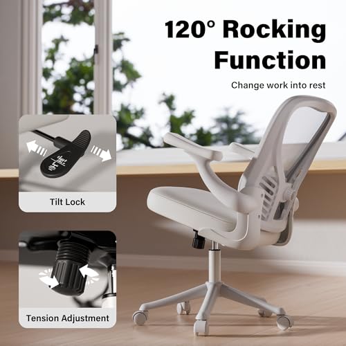 GYI Ergonomic Office Chair, Mesh Desk Chair with Adjustable Lumbar Support and 3D Flip-up Arms, Computer Chair with Wheels, All White GYI