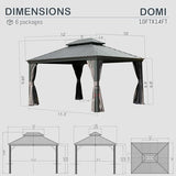 Domi 10x14FT Hardtop Gazebo, Permanent Outdoor Gazebo with Galvanized Steel Double Roof and Aluminum Frame, Curtain and Netting, Pavilion Gazebo for Patio Deck Garden, Grey domi outdoor living