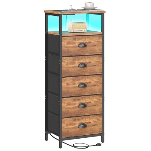sthmec Nightstand with Charging Station,LED Night Stand with 5 Fabric Drawers, Bedside End Tables, 2-Tier Open Storage Shelf Side Table Nightstands with Drawers for Bedroom,Rustic Brown sthmec