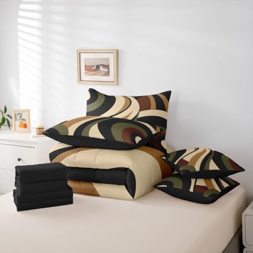 Green Brown Spiral King 7-Piece Bedding Set Modern Swirls Stripes Abstract Comforter Set with Sheets for Minimalists Boho Aesthetic Geometric Bed in a Bag Graffiti Art Lines Bedding Sets Erosebridal