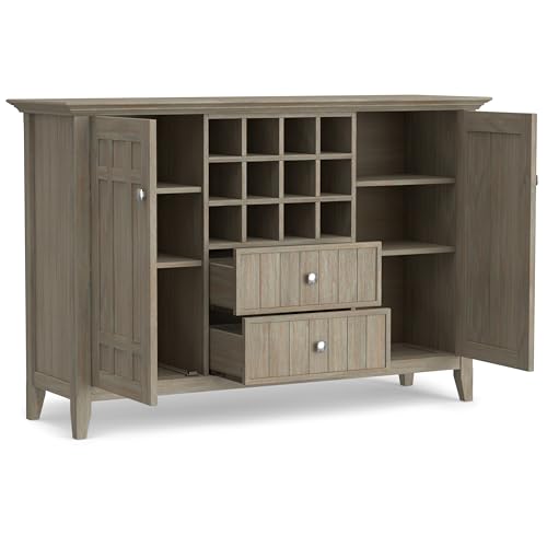 SIMPLIHOME Bedford Solid Pine Wood 54 inch Rustic Sideboard Buffet Credenza in Distressed Grey features 2 Doors, 2 Drawers and 2 Cabinets with 12 Bottle Wine Storage Rack - WoodArtSupply