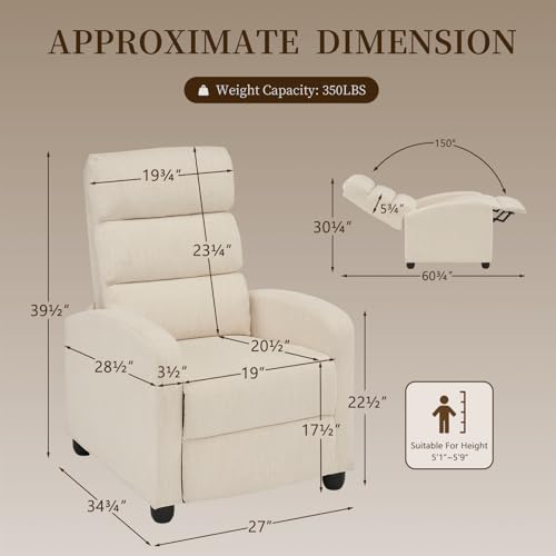 Furnimart Small Manual Recliner Chair for Small Spaces, Overstuffed Chenille Reclining Chair with Chunky Cushion, Comfortable Single Sofa Recliner for Adults, Living Room, Bedroom, Home Theater, Beige