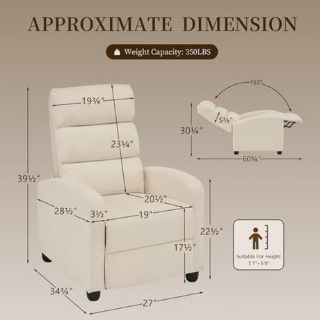 Furnimart Small Manual Recliner Chair for Small Spaces, Overstuffed Chenille Reclining Chair with Chunky Cushion, Comfortable Single Sofa Recliner for Adults, Living Room, Bedroom, Home Theater, Beige Furnimart