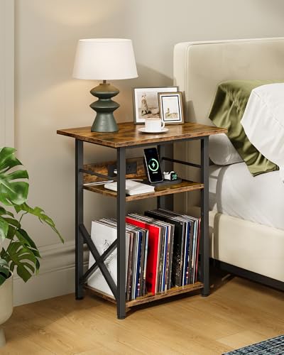 CHOEZON Record Player Stand with Power Outlet, Vinyl Record Storage Side Table, 19" Large Tabletop, Charging Station & Crossed Frame Design for Turntable, Rustic Brown and Black TBZ48UBF CHOEZON