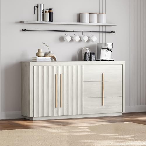 BELLEZE Sideboard Buffet Cabinet with Storage, Buffet Table with 3 Drawers and 2 Doors Storage Cabinet with Rose Gold Handles and Adjustable Shelves for Dining Room Living Rooms (Libra - White Sand)