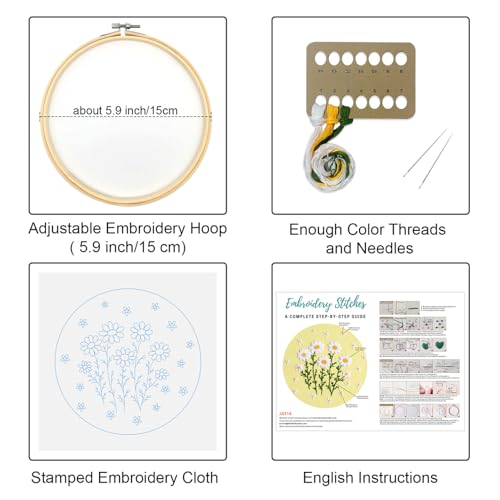 Louise Maelys Daisy Flower Beginners Embroidery Kits,Cross Stitch Kit for Adults,DIY Needlepoint with Floral Pattern,Including Hoop,Threads and Instruction