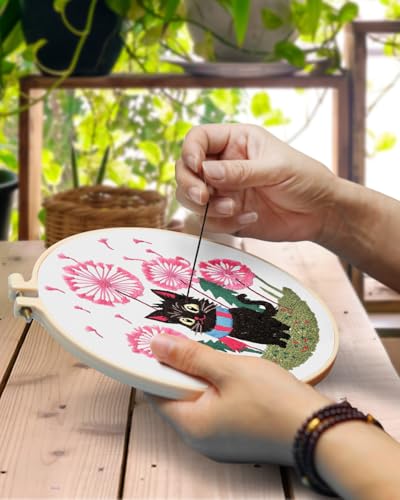 TINDTOP Embroidery Kit for Adults, Cat Embroidery Practice Kit for Beginners Include Embroidery Cloth Hoops Threads for Craft Lover Hand Stitch with Embroidery Skill Techniques TINDTOP