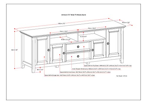 SIMPLIHOME Amherst SOLID WOOD 72 Inch Wide Transitional TV Media Stand in Distressed Grey for TVs up to 80 Inch, For the Living Room and