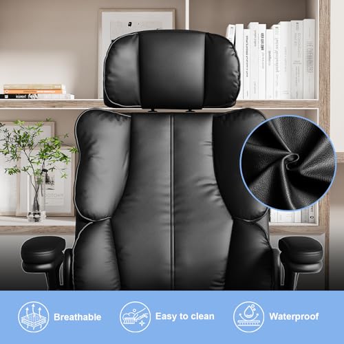 Kensaker Executive Leather Office Chair, Computer Chair with Thick Cushion & Lumbar Support, Ergonomic Desk Chair with Adjustable Headrest & Armrests,Black Kensaker