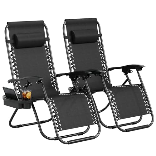 Garvee Zero Gravity Chair Set of 2, Patio Lounge Chair Outdoor with Pillow & Cup Holder Tray, Adjustable Reclining Chair, Folding Portable Camping Chair for Deck, Beach, Yard, Garden - Black