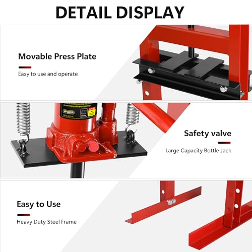 6 Ton Shop Press, H-Frame Garage Floor Adjustable Hydraulic Shop Press with Stamping Plates to Bend, Straighten, Or Press Parts, Install Bearings & U-Joints - WoodArtSupply