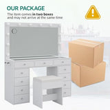 Yanosaku Vanity Desk & Power Outl, Makeup Vanity with Mirror and 12 LED Lights, Makeup Table with 11 Drawers, Vanity Table with Chair,Set 3 Lighting Modes Brightness Adjustable-(White) Yanosaku
