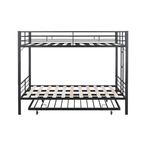 UOCFYK Queen Over Queen Bunk Bed with Trundle, Heavy-Duty Metal Bunkbed with Ladders & Full-Guardrail for Kids/Teen/Adults, Noise-Free Wood Slats, Space Saving, No Box Spring Needed, Black