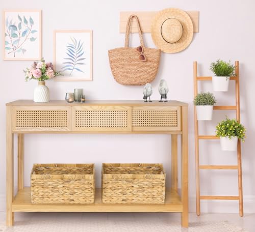 Long Console Table, Console Tables for Entryway, Rattan Entry Table Narrow Wood Console Table with Storage Drawers, Modern Couch Table Hallway Table Boho Sofa Table for Living Room ZYBT