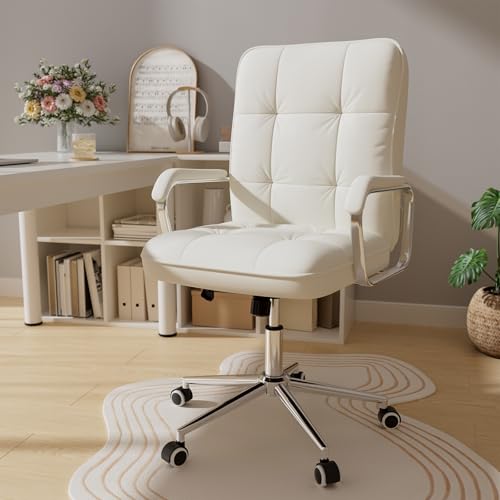 HomeZeer White Office Chair with Soft Leather, Swivel Computer Home Office Desk Chair with Wheels and Padded Arms, Adjustable Height and Tilt HomeZeer